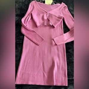Knot Front Ribbed Long Sleeve skirt and blouse- Pink